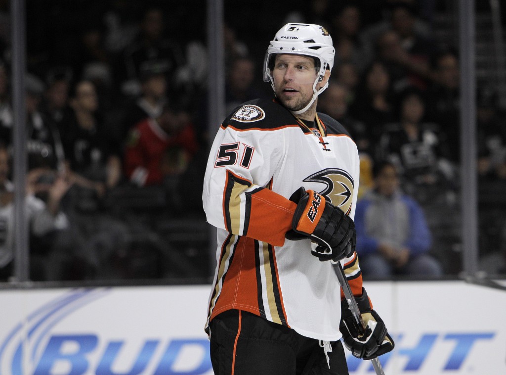 LOS ANGELES, CA - SEPTEMBER 24, 2014: Anaheim Ducks left wing Dany Heatley (51) questions an official during the game against the Kings at Staples Center on September 24, 2014 in Los Angeles, California.(Gina Ferazzi / Los Angeles Times)